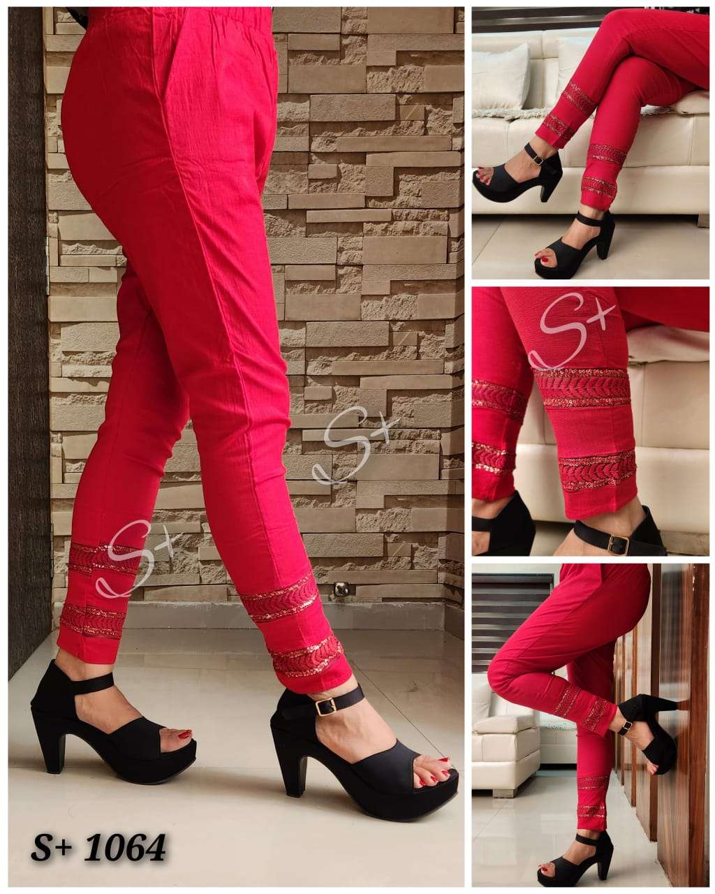 S+1064  FANCY & DESIGNER COTTON LYCRA STRETCHABLE PANT WITH SEQUENCE WORK EMBROIDERY & POCKETS